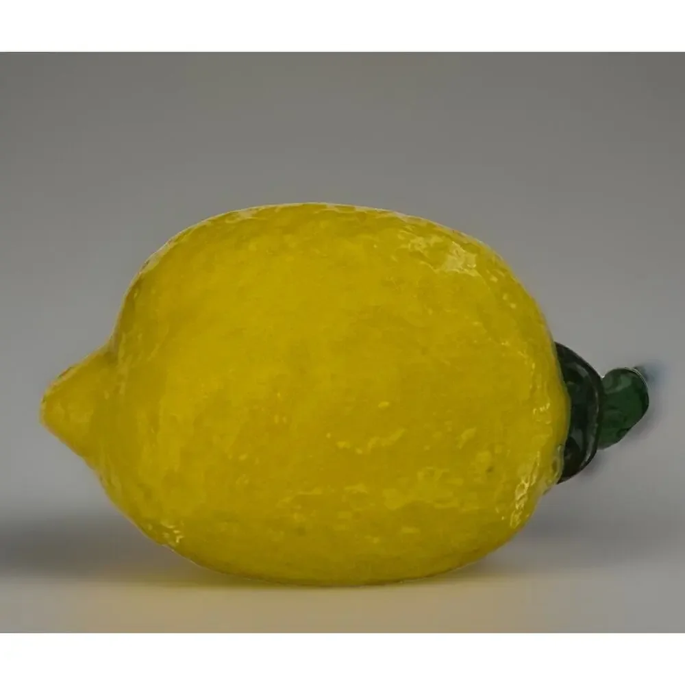 Vintage Large Studio Art Glass Hand Blown Fruit Yellow Lemon Green Stem 3” X 4